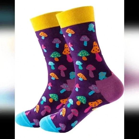 Fun psychedelic mushroom blue and purple crew socks for men unisex funny shoes f - Picture 3 of 3